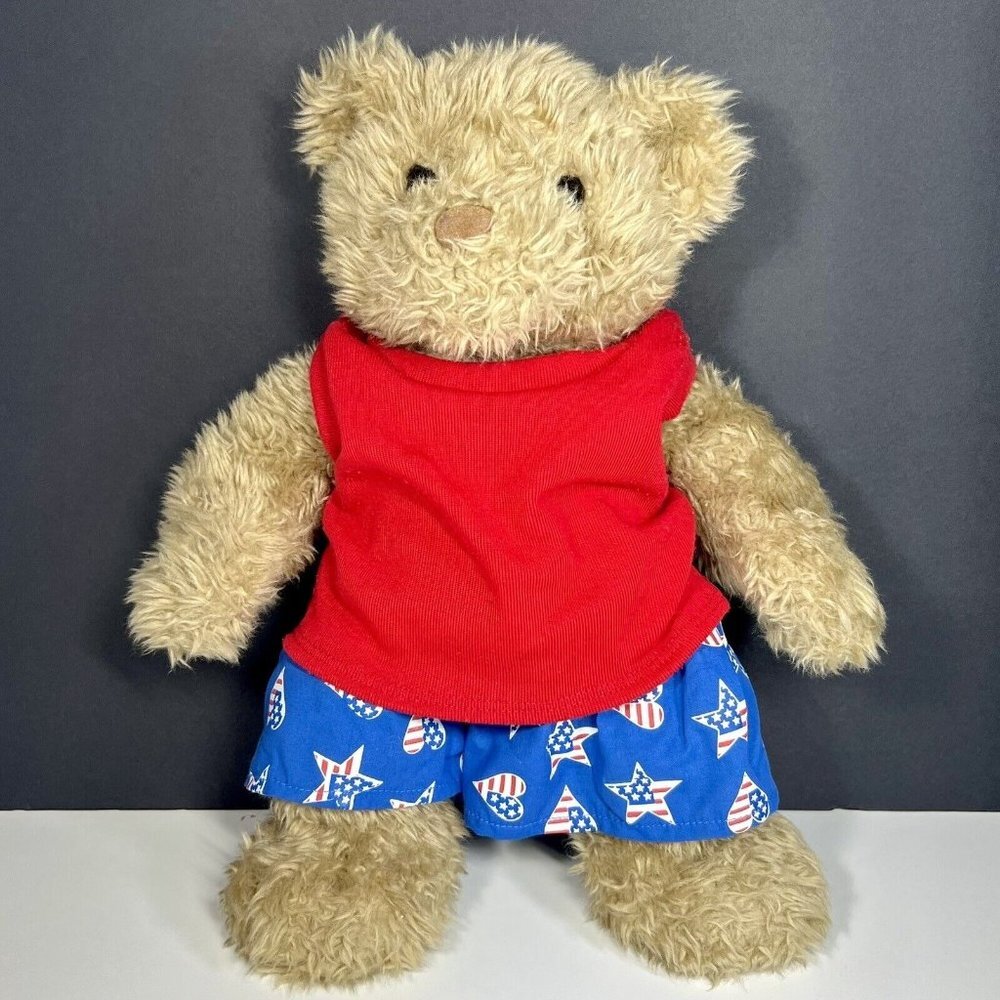 Retired Build‎ A Bear Curly Teddy Brown Paw Vintage American Flag Outfit